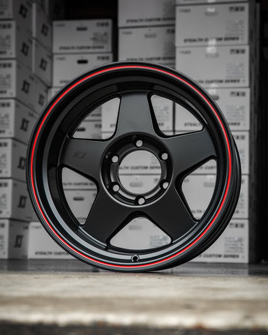 Stealth Custom Series GEN5 17X8.5 +20 MATTE JET BLACK W/ RED STRIPE set of 4